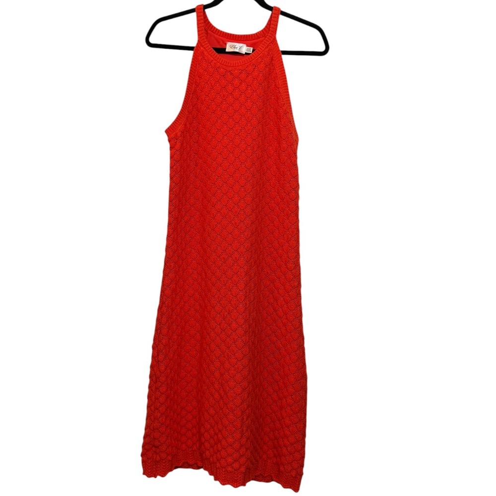 Eliza J Ora Crochet Knit Midi Dress Orange Red Halter Sleeveless XL